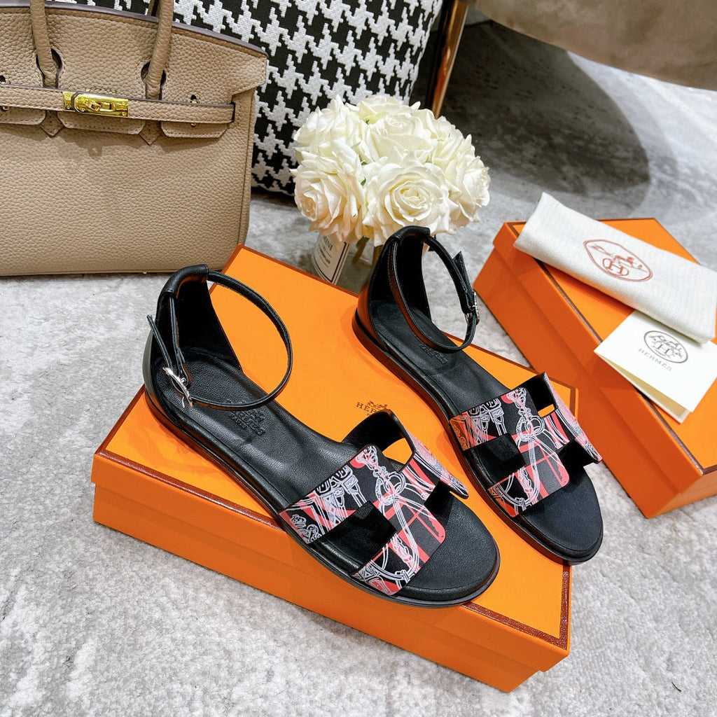 HERMES SANTORINI SANDAL BLACK CALFSKIN WITH PATTERN