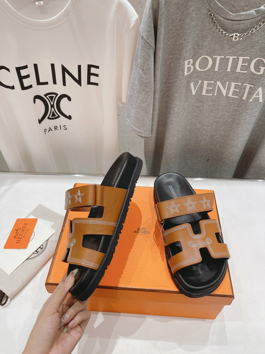 HERMES STAR-PATTERNED SANDAL BLACK AND CARAMEL CALFSKIN