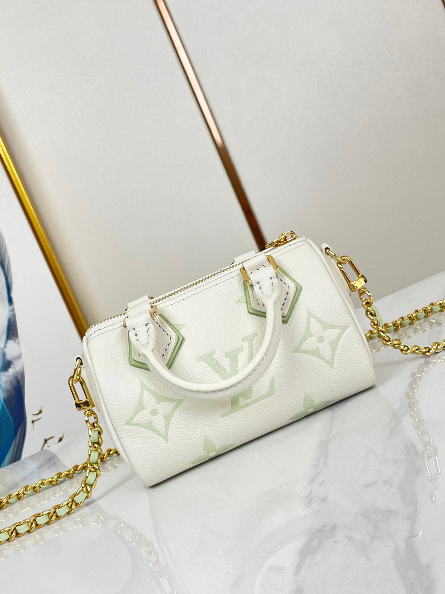 LOUIS VUITTON NANO SPEEDY 16 IN WHITE LATTE MONOGRAM EMPREINTE LEATHER GOLD HARDWARE