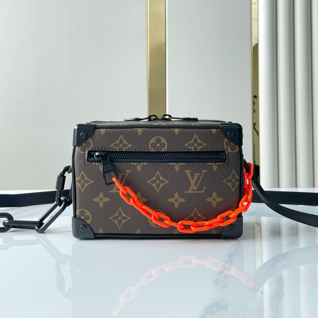 LOUIS VUITTON MINI SOFT TRUNK 18 IN BROWN MONOGRAM CANVAS RED ORANGE CHAIN