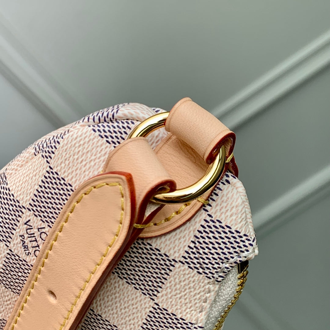 LOUIS VUITTON KEEPIT BUMBAG 29 IN WHITE GREY CHECKERBOARD PATTERN DAMIER AZUR COATED CANVAS