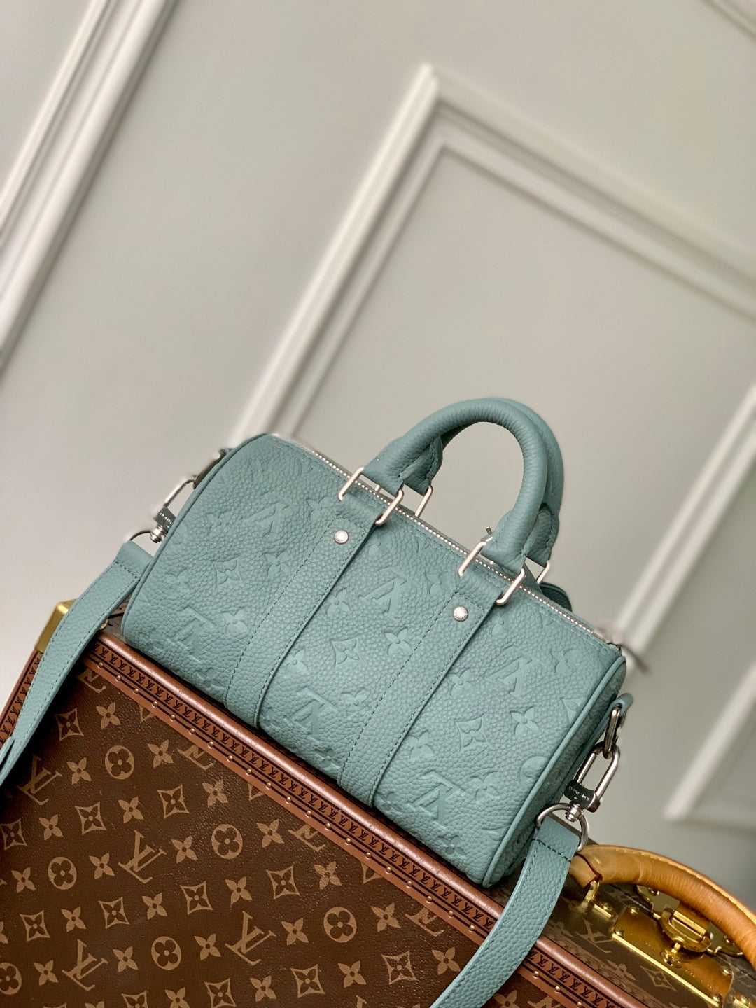 LOUIS VUITTON KEEPALL BANDOULIÈRE 25 BAG IN MISTY LAKE GREEN MONOGRAM TAURILLON CALFSKIN