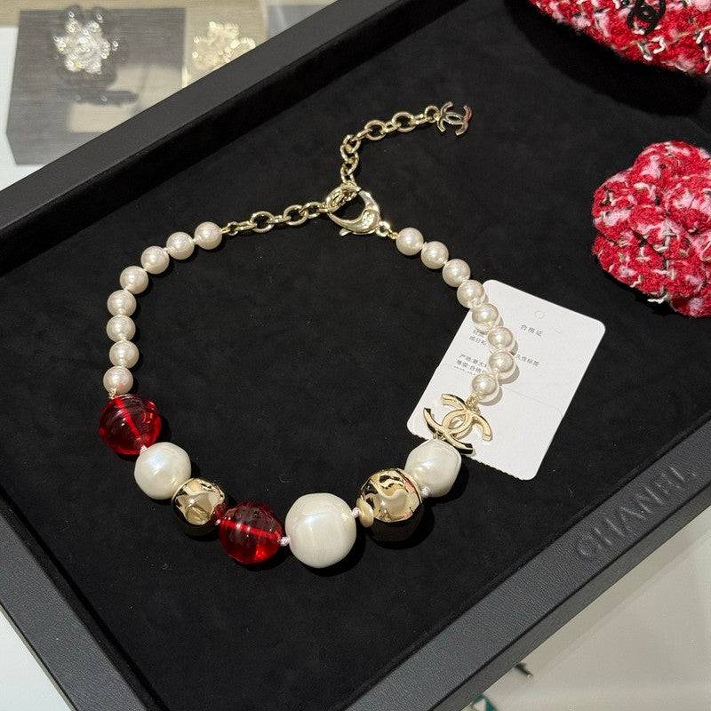 18K  Chanel Red Crystal Pearl Choker Necklace