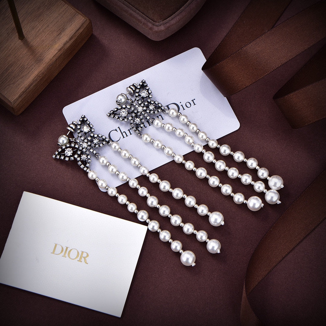 18K Dior Pearls Tassel Long Earrings