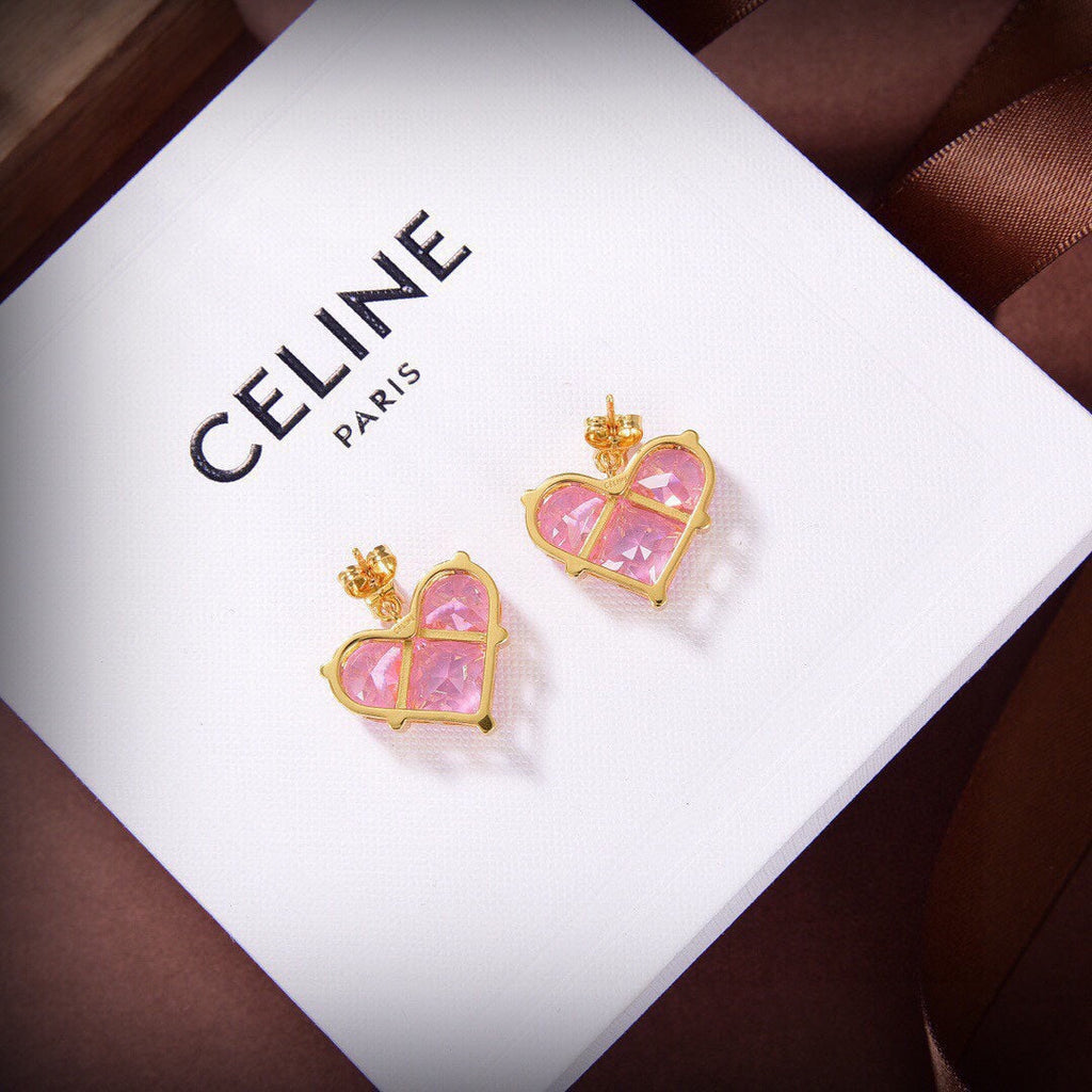 18K Celine Pink Crystal Heart Earrings