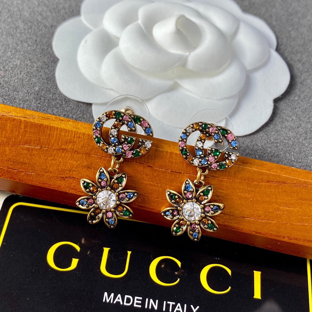 18K Double Gucci Flower Pendant Earrings