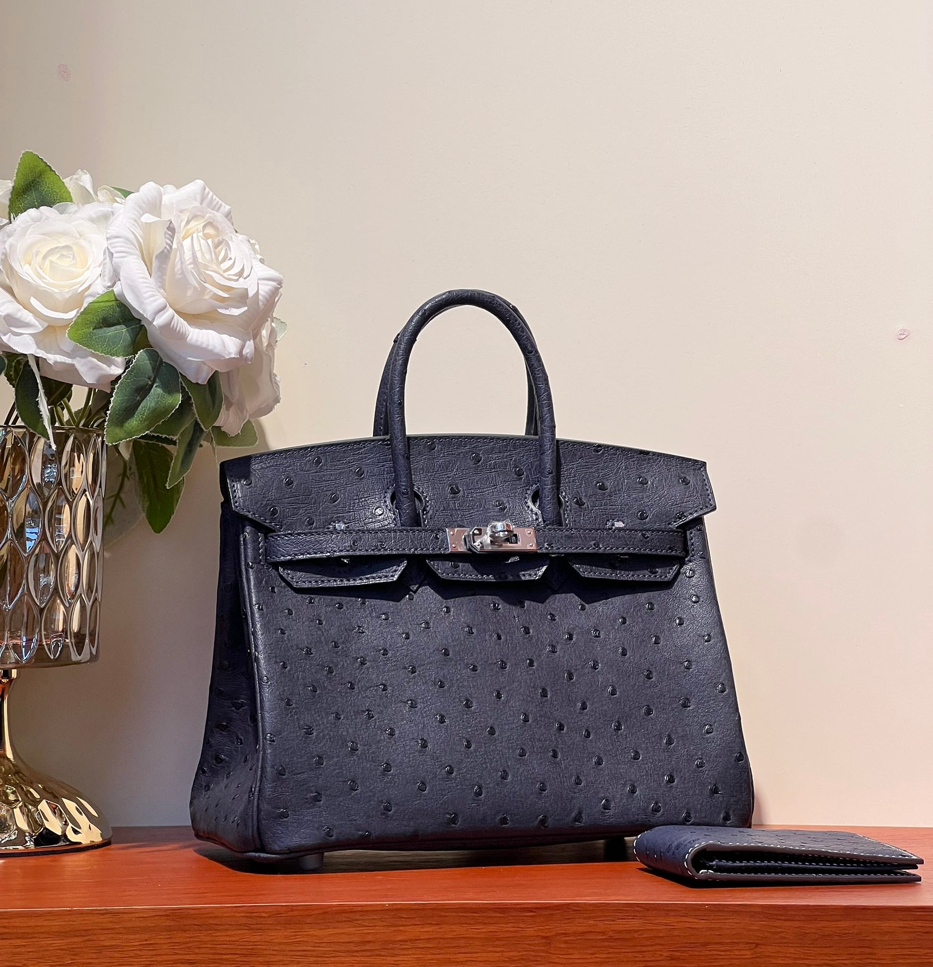HERMES KELLY SELLIER 25 BAG IN SPACE BLUE OSTRICH LEATHER WITH SILVER HARDWARE